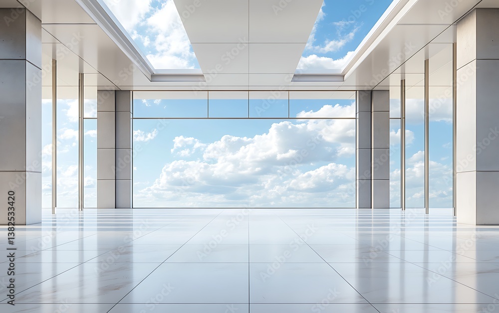 Poster 3d rendering of an empty abstract space with a white floor and sky background