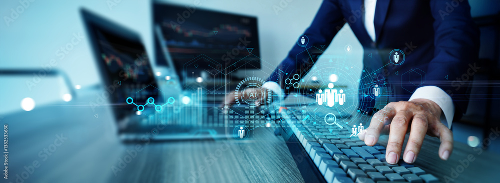 Poster business investment analysis and data exchange customer with ai technology on network, customer serv