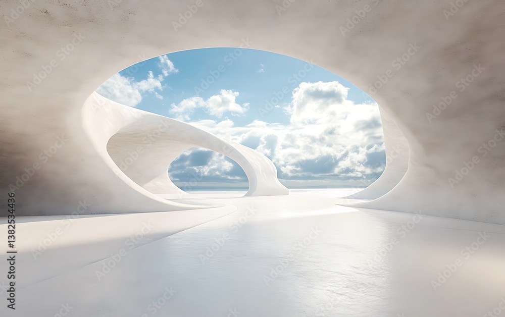 Poster 3d rendering of an empty abstract space with a white floor and sky background