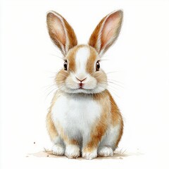 Obraz premium Cute rabbit watercolor illustration, adorable fluffy bunny, front-facing hare on white background, hand-drawn Easter animal, small mammal wildlife, vintage style