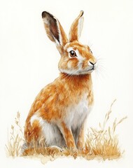 Fototapeta premium Realistic Watercolor Painting of a Brown Hare Sitting on White Background