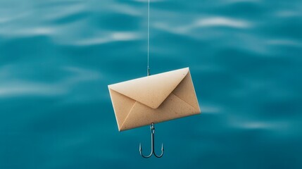 Conceptual illustration of a phishing email symbolized by an envelope hanging from a fishing hook over water. Represents cybersecurity threats, online scams, and digital fraud awareness