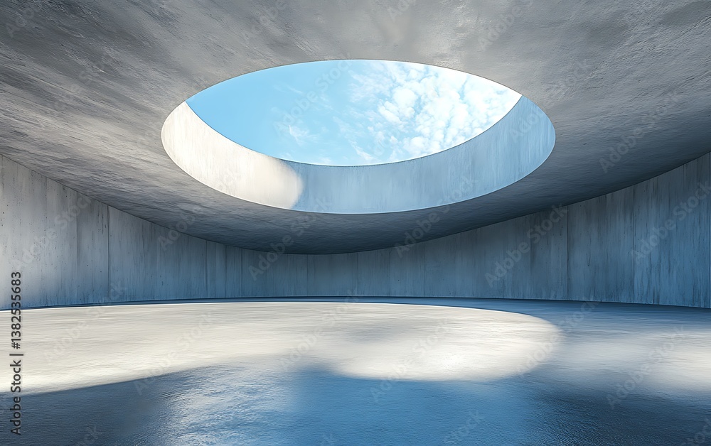 Poster 3d rendering of an empty abstract room with a blue sky in the round skylight, a futuristic interior 
