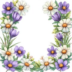 Fototapeta premium Spring Floral Frame Watercolor Illustration with Daisies Crocuses Leaves Vintage Pastel Design