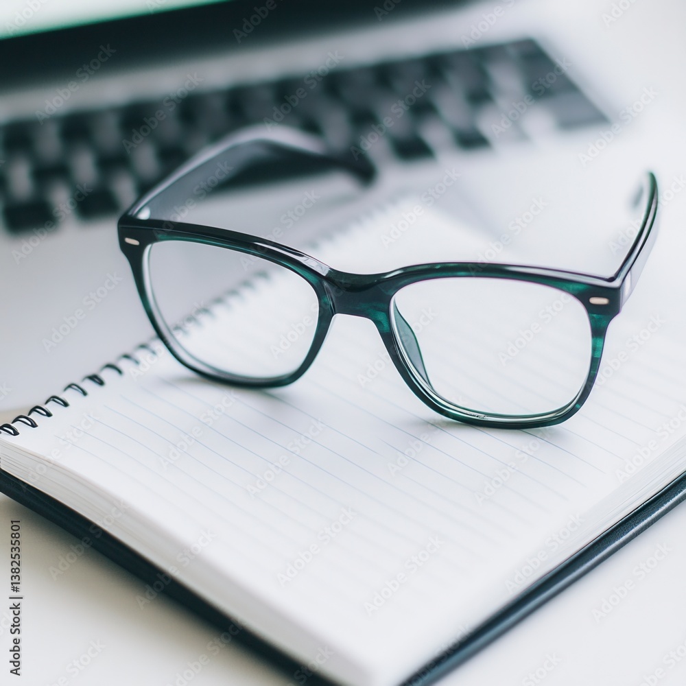 Poster black framed eyeglasses rest on a lined notepad near a laptop keyboard, a minimalist workspace setup