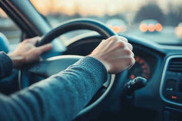 Naklejka premium Close-up of hands gripping a steering wheel inside a car at dusk, with blurred city lights visible through the windshield