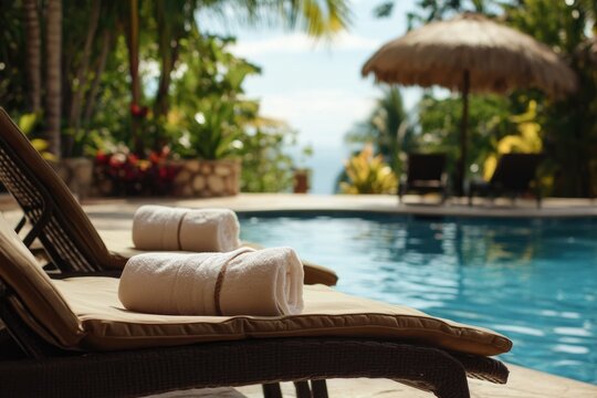 Lounging. Romantic Couple Relaxing on Chaise Lounge Chair by Pool at Tranquil Resort in Mexico