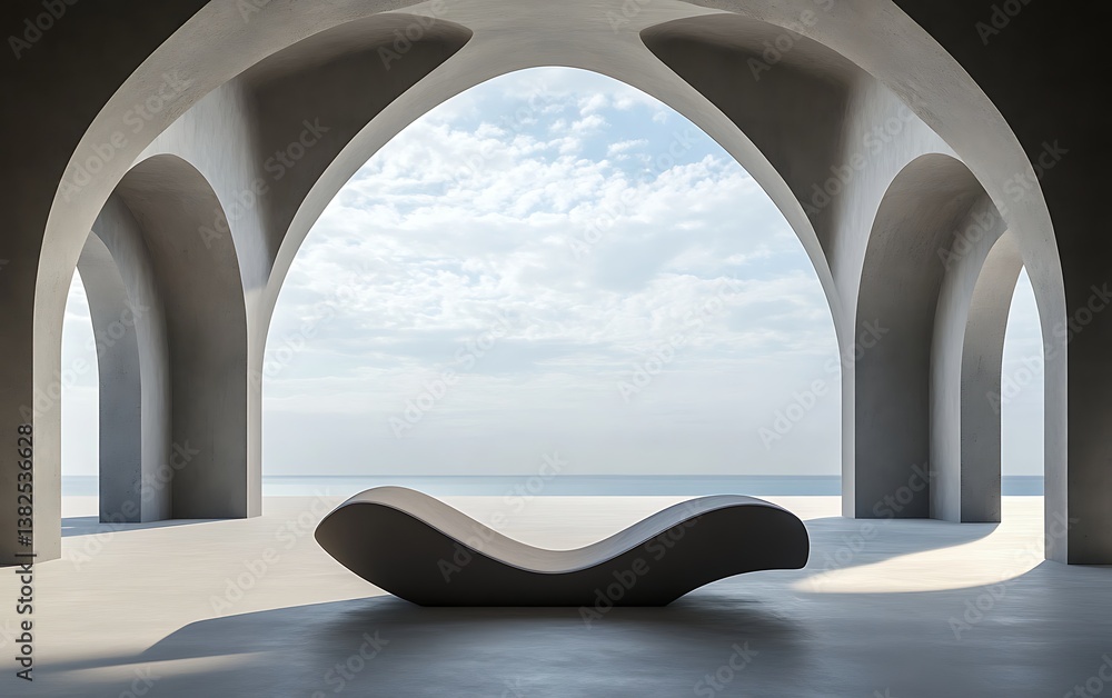 Poster 3d rendering of an empty abstract space with a white floor and sky background