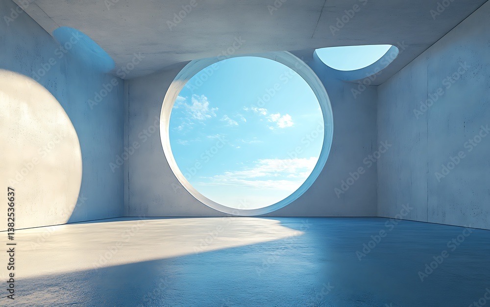 Poster 3d rendering of an empty circular room with a blue sky in the background