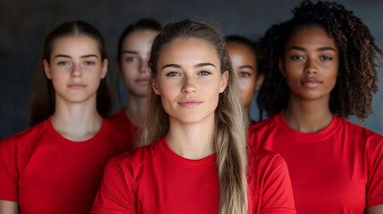 Retrato de un equipo femenino deportivo con camisetas rojas, mujeres jóvenes alineadas mirando a cámara con expresión seria y decidida

