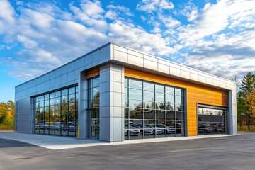 Obraz premium Contemporary commercial building with glass facade, metal panels, and wood accents, reflecting a blend of materials and design under a cloudy blue sky