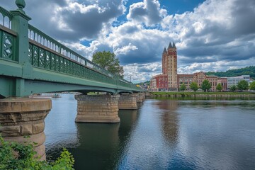 Fototapeta premium Luzerne County: The Market Street Bridge in Wilkes-Barre, Pennsylvania. Cityscape with River View and Tower