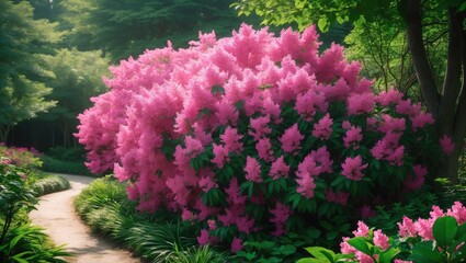 Blooming pink azalea bush along a garden pathway.