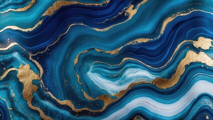 Fototapeta premium Photo of ocean blue agate marble pattern featuring golden veins in close-up. Background texture for backdrops or mapping.