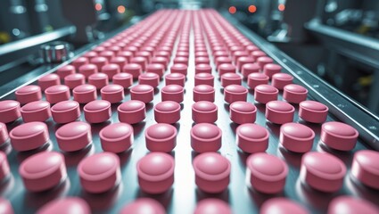 Obraz premium Macro Photograph of Pink Pills in the Production and Packing Process at a Modern Factory. Drug Manufacturing.