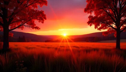 Fototapeta premium landscape photograph captures a field at sunset, framed by trees on either side
