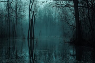Ethereal scene of a flooded forest with bare trees reflected in still water, bathed in an eerie turquoise light, creating a mysterious and haunting atmosphere
