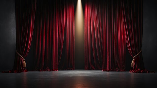 Maroon red theater drapes as curtains. Background for art performance. Textured textile setting.