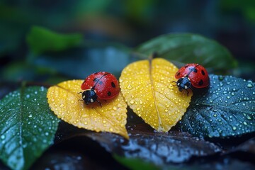 Two ladybugs on dew-kissed autumn leaves