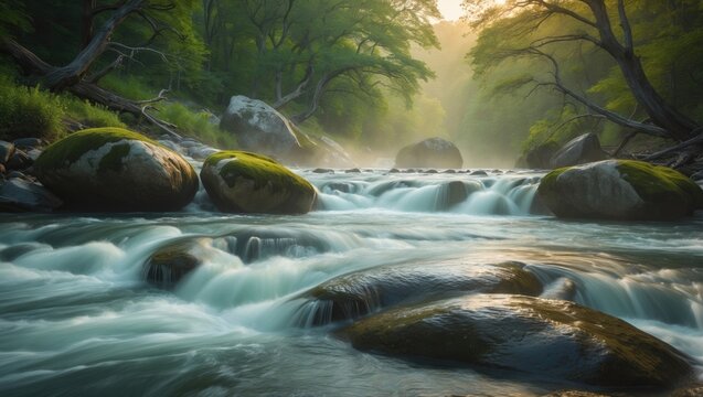 long exposure landscape photograph of hot springs. smooth water flowing over large rocks and boulders.