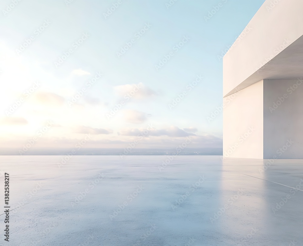 Aufkleber 3d rendering of an empty concrete floor with white walls and a sky background