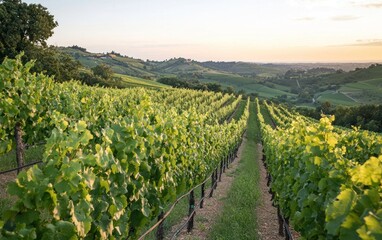 Obraz premium Sunset Vineyard Landscape: Rolling Green Hills