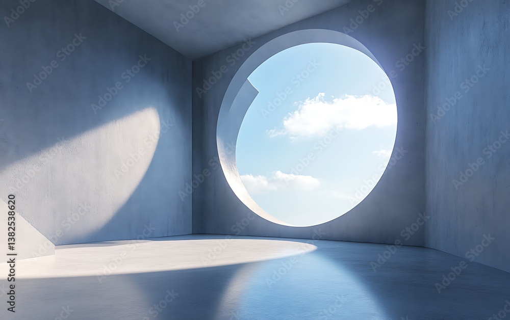 Poster 3d rendering of an empty circular room with a blue sky in the background