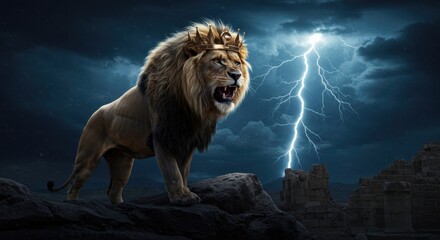 Majestic lion with a crown roaring against a stormy sky with lightning above ancient ruins -  a lion with a crown