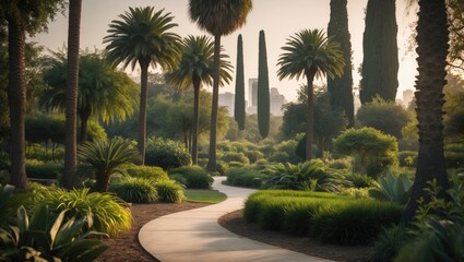 Fototapeta premium Memorial park is among the most beautiful relaxation areas. Pathways meander through palms and tall white cedar trees, creating shade on a hot summer day.