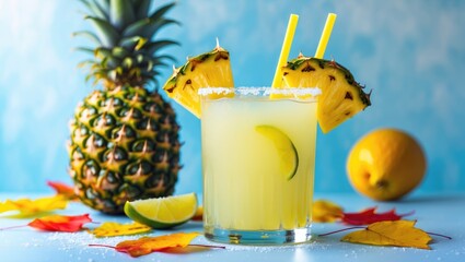 Pineapple Margarita Cocktail. Refreshing boozy summer drink featuring tequila and pineapple served in glasses with a salted rim, with ample copy space.