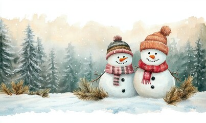 Obraz premium Winter Scene with Snowmen in Forest, Cheerful Snowmen, Snow Landscape, Watercolor Illustration, Pine Trees, Holiday Celebration, Winter Nature, Cute Design