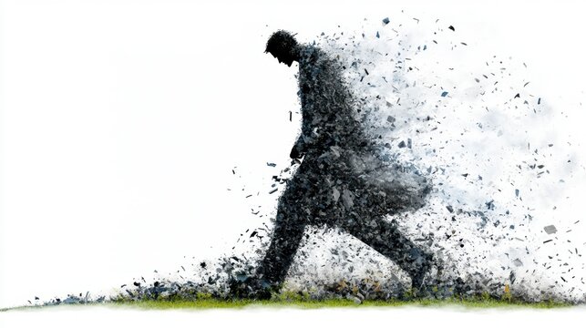 Abstract figure dissolving into particles against a white background with hints of green at the bottom.