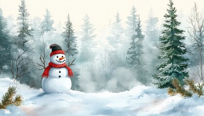 Obraz premium Winter Forest Snowy Landscape with Snowman and Pine Trees in Watercolor Style
