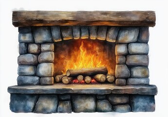 Cozy Stone Fireplace with Burning Fire Rustic Interior Decoration Hand Drawn Watercolor Illustration