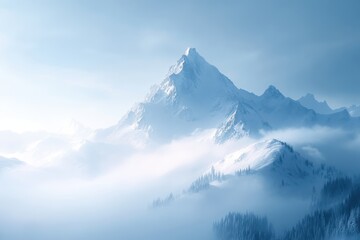 Obraz premium Majestic snow-covered mountain peaks rise through the misty clouds during a serene winter morning