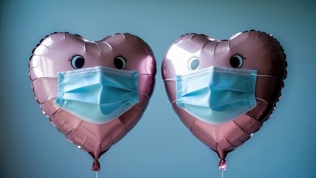 Pink balloon hearts wearing face protective masks for social distancing. Concept. Infectious disease prevention background.