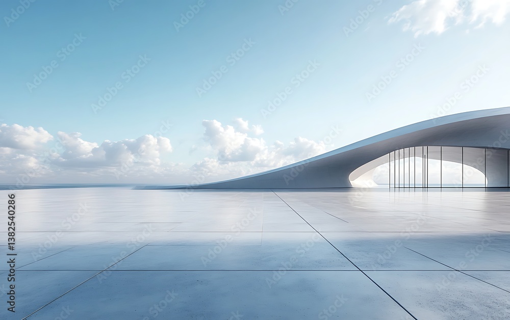 Poster 3d rendering of an empty concrete floor with a futuristic architectural background
