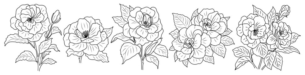 Set of Camelia flower line art drawing. Hand drawn black ink sketch. Modern design for tattoo, wedding invitation, logo, cards, packaging. Vector outline illustration on white background.
