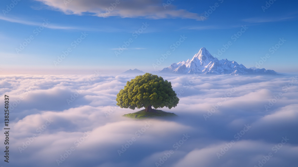 Aufkleber serene scene of floating island with lush tree above clouds and majestic mountains background