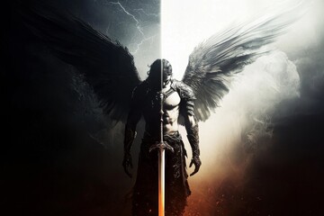 A half-angel, half-demon warrior with a sword embodies the struggle between good and evil.