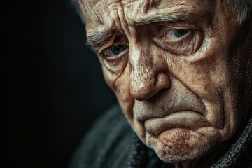 Obraz premium Dramatic close-up of an elderly man's face, highlighting deep wrinkles, stern expression, and piercing eyes, capturing the essence of aging and life experience