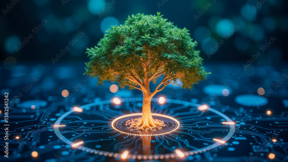 Aufkleber digital tree on technology background representing nature and innovation in futuristic environment