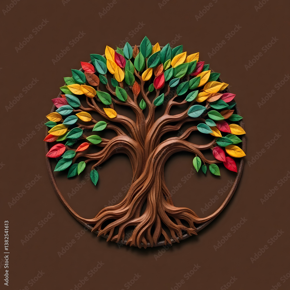 Fototapete a digital illustration of a tree of life symbol, a root within a circle, rendered in layered paper c