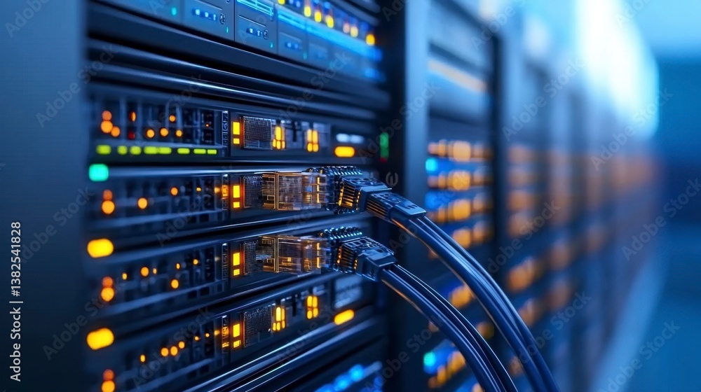 Poster close up of network server rack with glowing lights and connected cables in a data center.