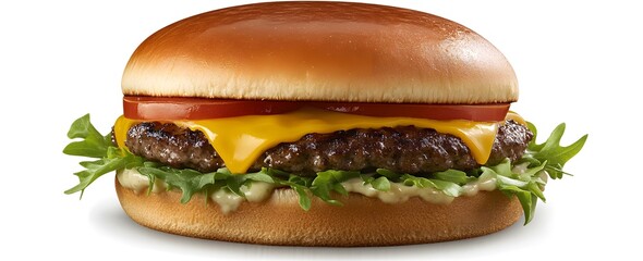 A burger with cheese tomato and lettuce on a white background.