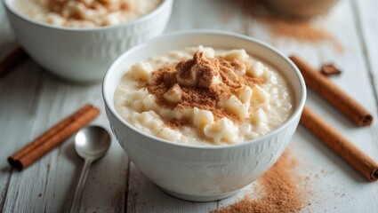Rice pudding topped with cinnamon on a wooden surface. Aerial view