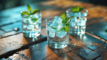 Refreshing soda water on wooden tabletop. Banner layout featuring space for text.