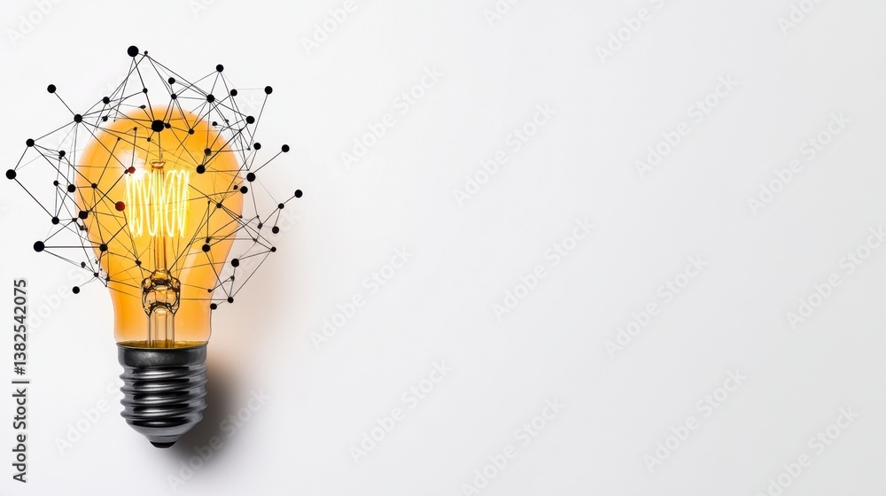 Poster glowing lightbulb with abstract design elements on white background