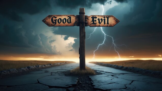 Signpost depicting good vs evil