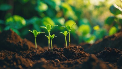 Growing plants. Hand nurturing and watering young seedlings in germination phase on rich soil with a natural green backdrop.